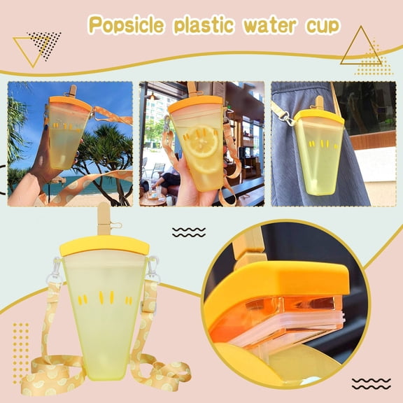 Plastic Water Bottles, 4 Colors Cute Watermelon Ice Cream Water Bottle with Straw, Anti-fall Portable Popsicle Shape Water Cup for Girls