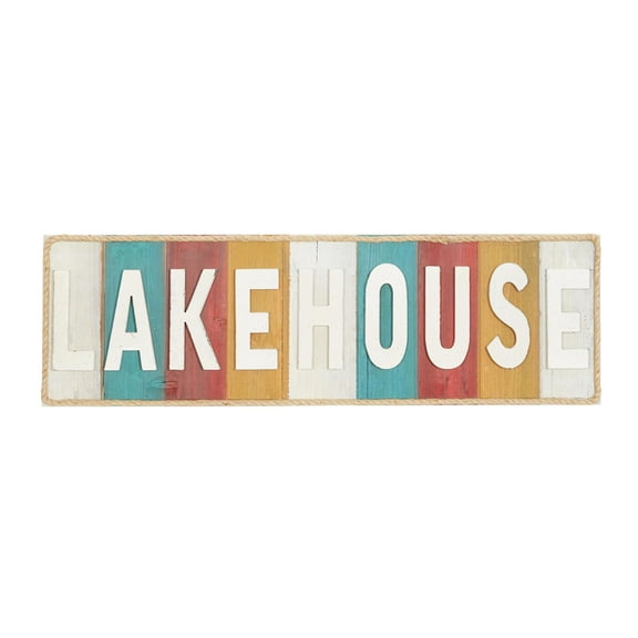DecMode Coastal Wood Decorative Wall Décor Sign with Lakehouse Text in White/Pastel Finish, 36"W x 11"H