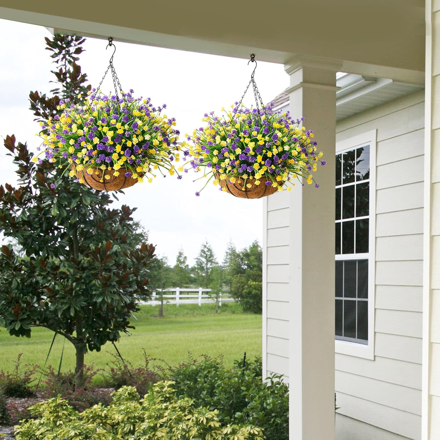 Artificial Hanging Flowers in Basket for Patio Garden Decoration,Artificial Daisy Arrangement,Fake Plants in inch Coconut Lining Basket for Outside Spring Decor(Purple Yellow)