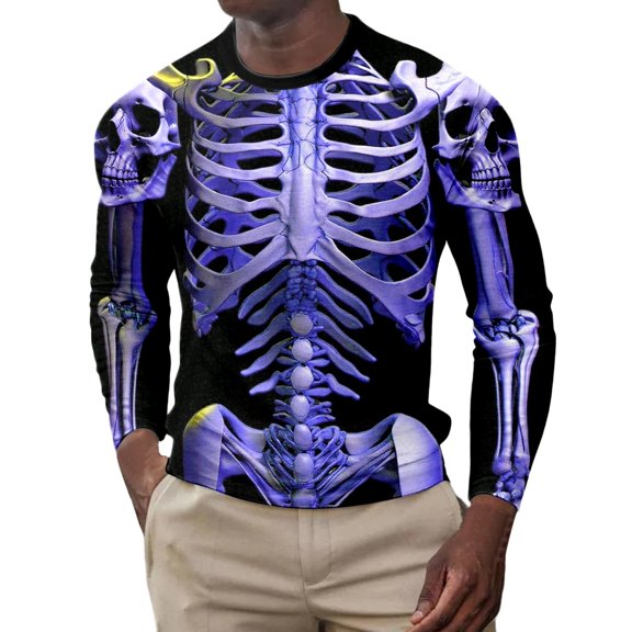 YAYUBA Mens Halloween 3D Skeleton FunnyT-Shirt Unisex Long Sleeve Tee Shirt Halloween Gifts , L, Purple