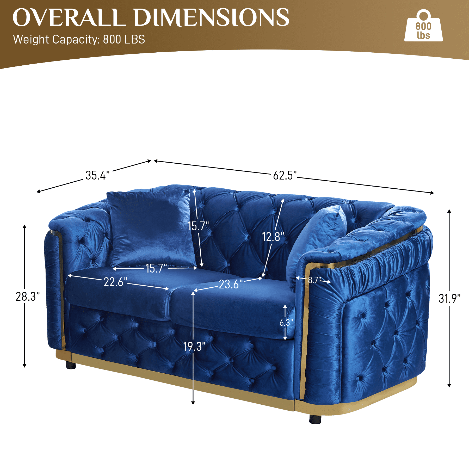 Wiilayok 62.6" Velvet Button Tufted Sofa, Mid-Century Classic Chesterfield Sofa Couch with Thick Backrest,Gold Stainless 2 Love Seat Couches for Living Room,Blue
