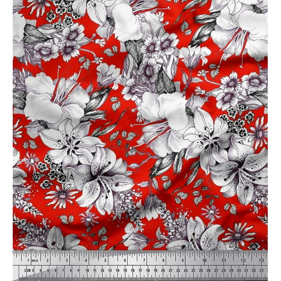 Soimoi Silk Fabric Leaves & Flower Floral Printed Fabric 1 Yard 42 Inch Wide