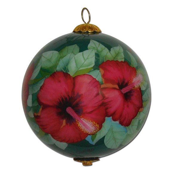 Collectible Maui Christmas Ornament Red Hibiscus Hand Painted from Inside The Glass with Gift Box HCC/M