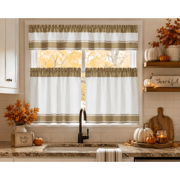 Serafina Home 3 Pc Kitchen Curtains and Valance: Ivory Background with Tan Stripes