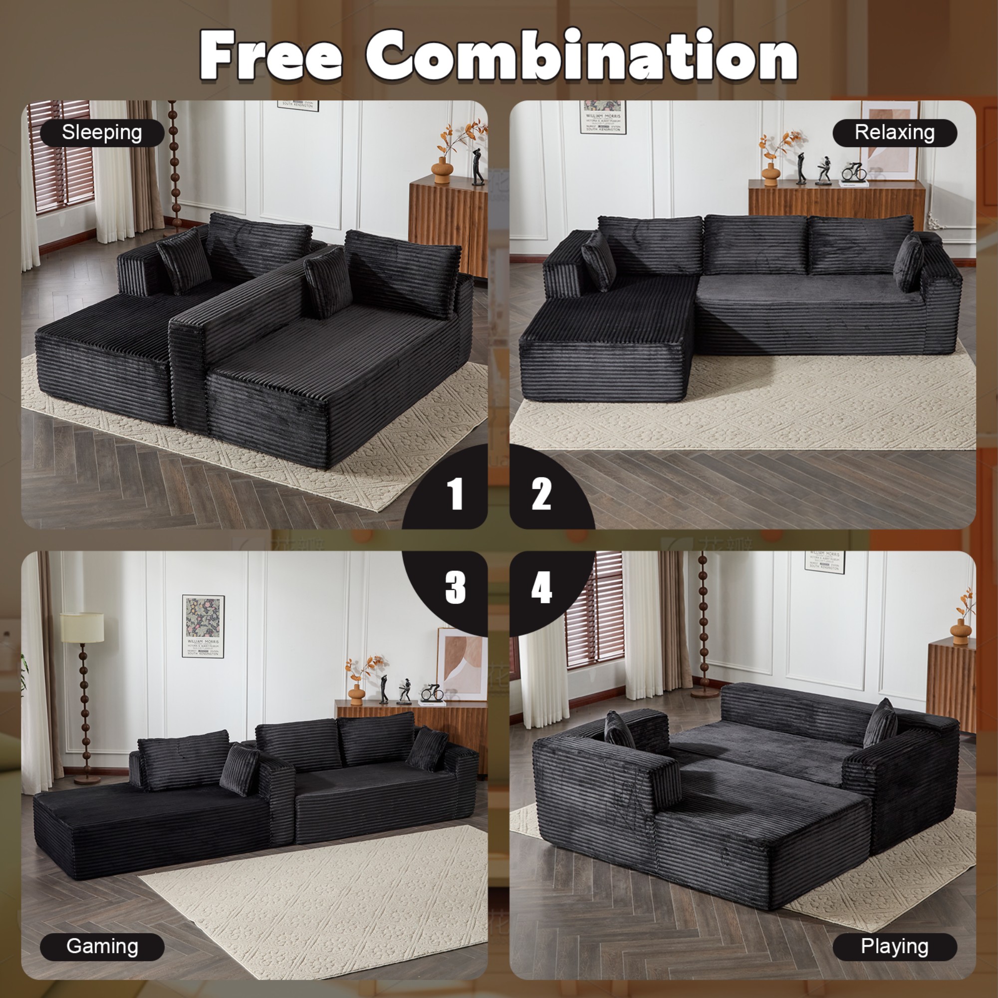 L-Shape Sectional Sofa Couch with Comfy Chaise,Modular Compression Sectional Couch with Deep Seat,Corduroy Sleeper Sofa Couches for Living Room Bedroom Apartment,Black