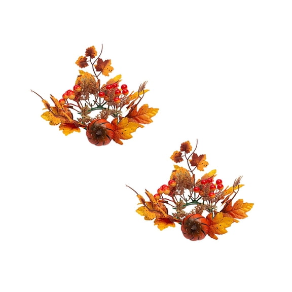 2 Pack Mini Fall Candle Ring Wreath Set, Artificial Maple Leaf Pumpkin Berry Candle Holder Ring Mantel Tabletop Halloween Thanksgiving Harvest Indoor Party Decor