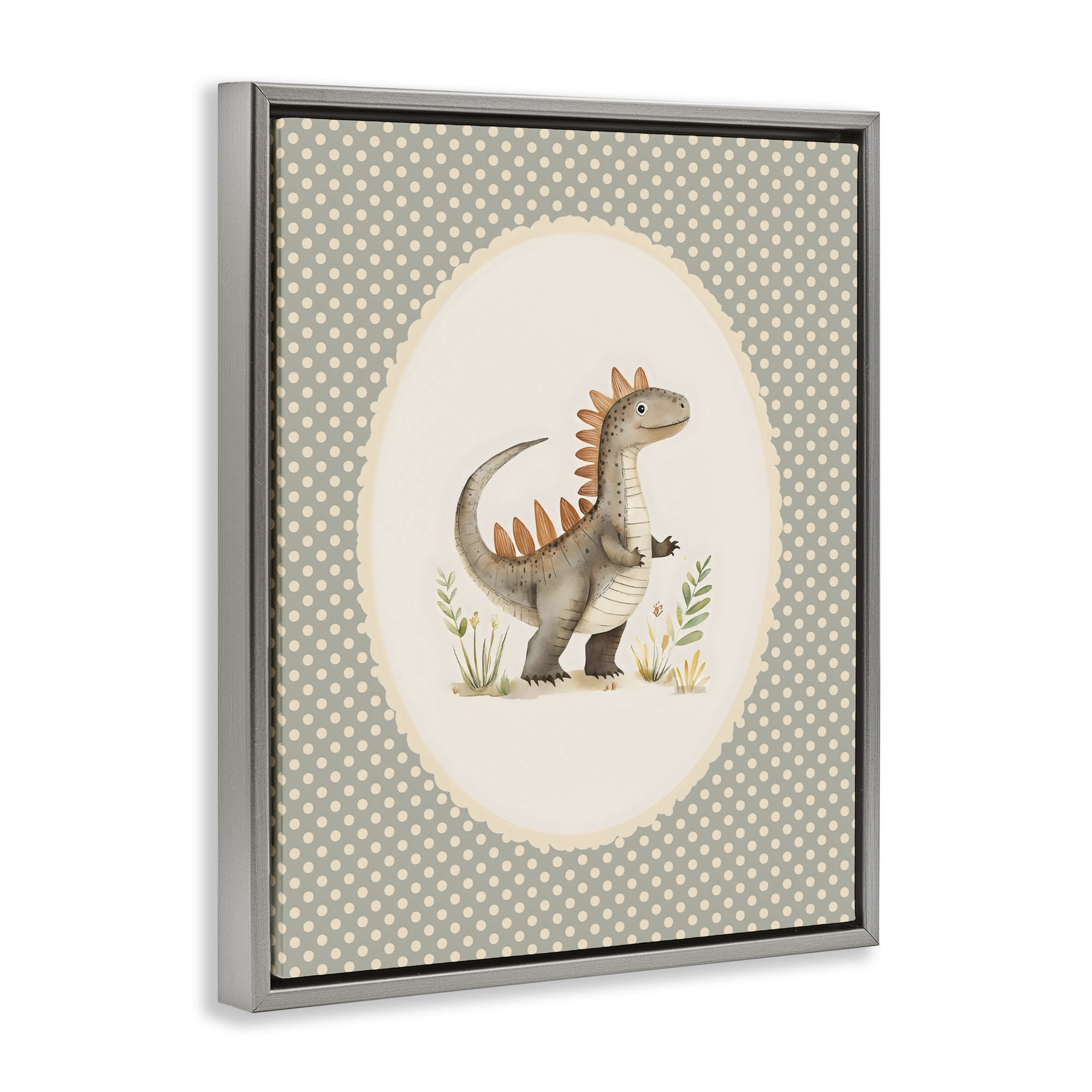 Stupell Industries Watercolor Dinosaur Polka Dot Border Gray Framed Floater Canvas Wall Art, design by LSR Design Studio