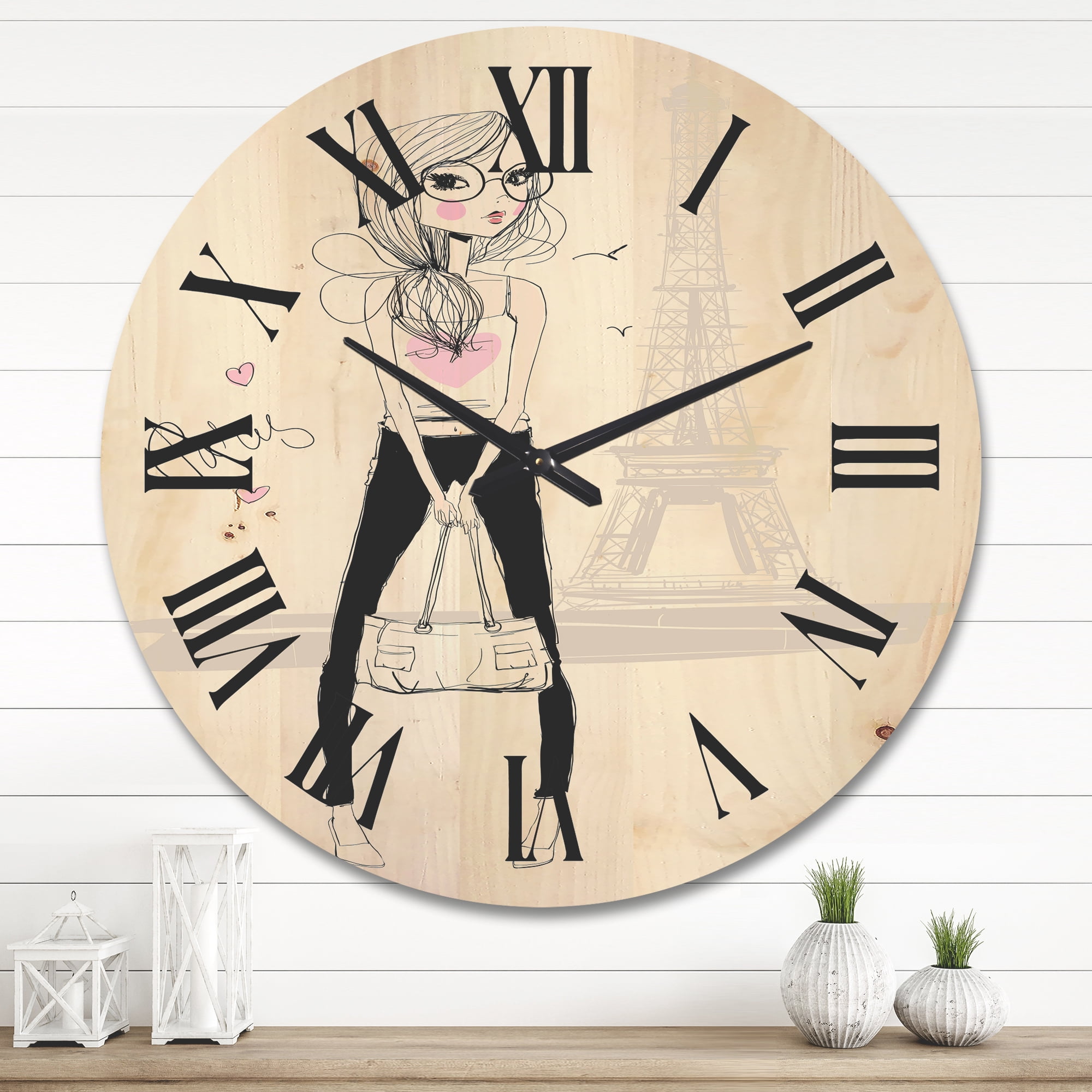 Designart 'Cute Girl By The Tour Paris Eiffel Tower' Children'S Art Wood Wall Clock