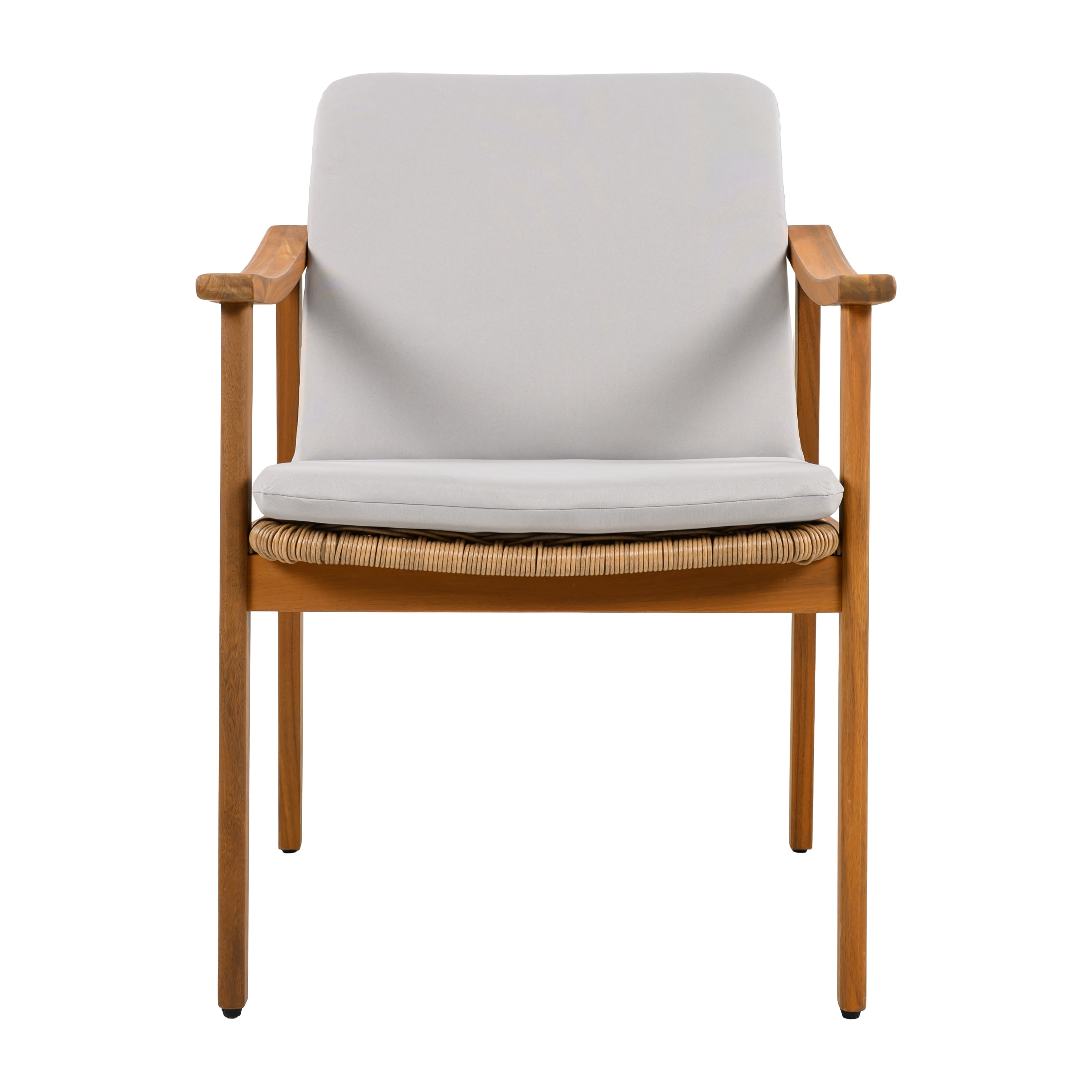 Outdoor Dining Chairs Set of 2, Teak Color Acacia Wood Frame Brown PE Wicker Grey Waterproof Cushion, Teak
