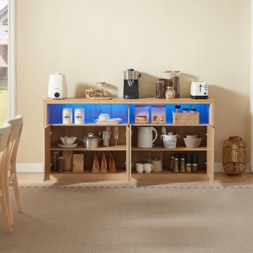 67" Wooden Sideboard Buffet Cabinet with LED Lights and Outlets, 4-Compartment Storage, Natural