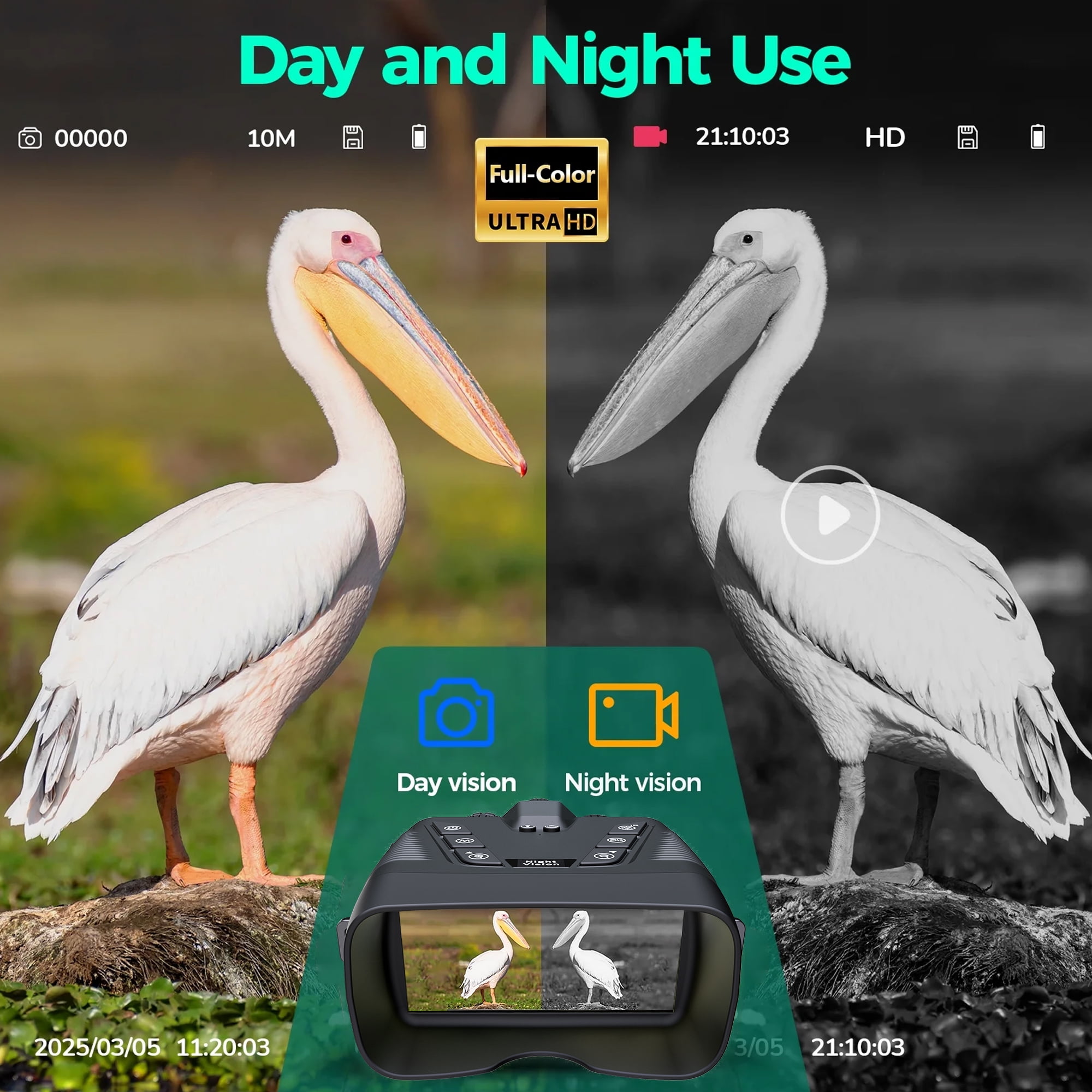 4K Night Vision Goggles, Infrared Night Vision Binoculars with HD Video and Photo Modes, 64GB Card, 10000mAh Battery, 3.99" HD Screen Binoculars for Adults Hunting Camping