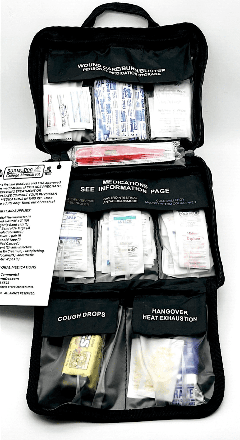 DormDoc World Travel 200 Piece Emergency First Aid Kit for College Students - Dorm Room Foreign Study Kit with OTC Medicines and Bandages for School, Sports, Vehicle and Travel (Red)