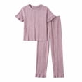 thumbnail image 4 of Maqroz Womens Two Piece Pajama Sets Textured Knit Short Sleeve Tops Straight Leg Pants Casual Solid Sleepwear Cozy Loungewear Set for Lazy Weekends, 4 of 8