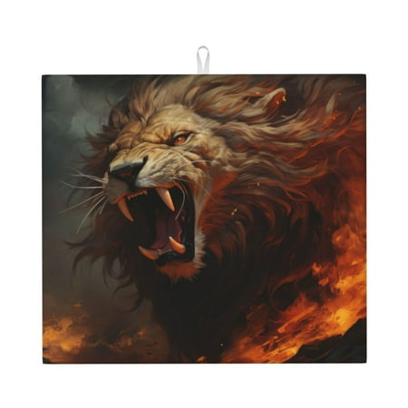 

Dish Drying Mats for Kitchen Counter - Cool Flame Lion A 16x18In Anti-Slip Absorbent Microfiber Drying Mat for Kitchen Counter Mat Dish Rack Mat with Hanging Loop