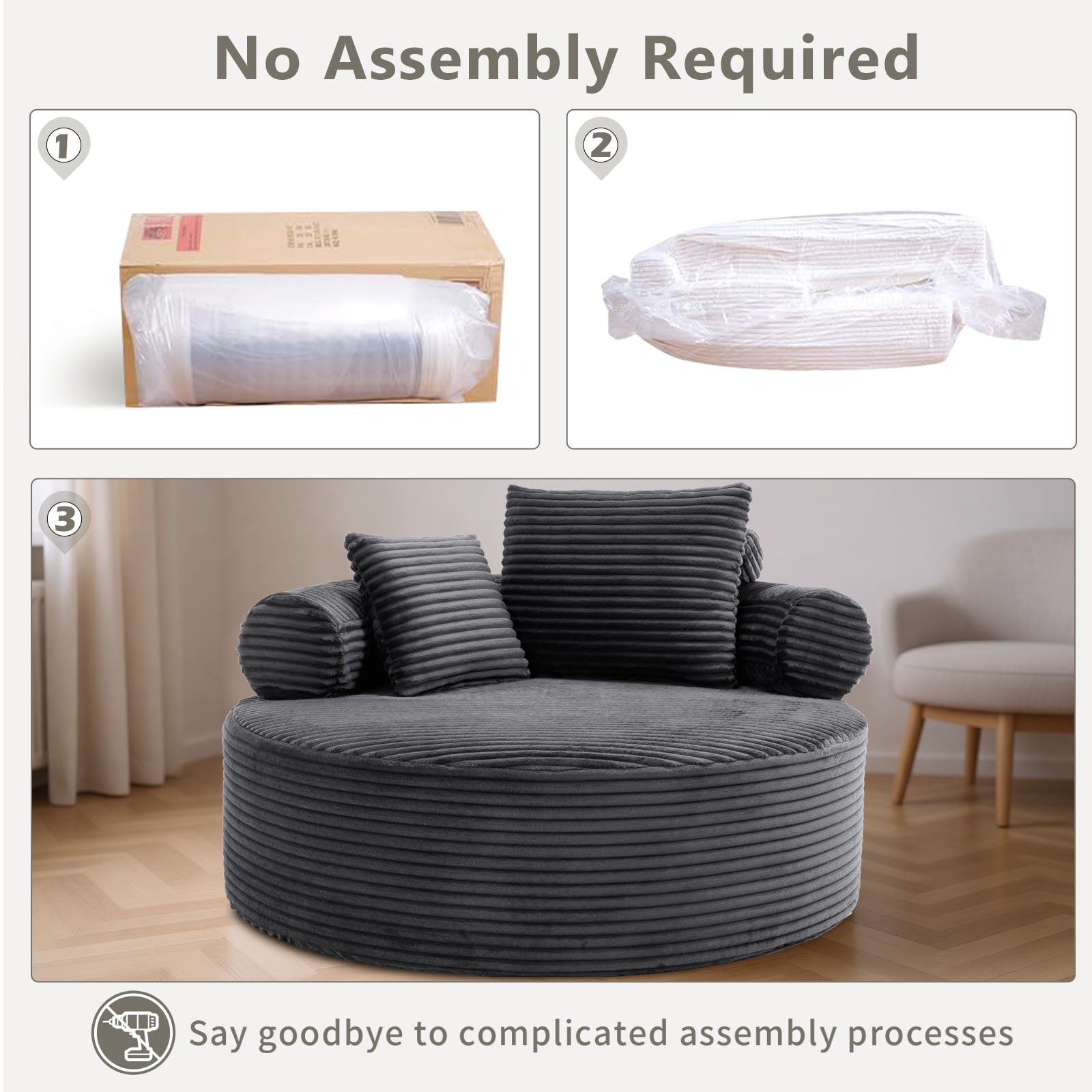 Miniyam 55.5" W Round Oversized Chaise Lounge Indoor Chair for Living Room, Cloud Couch with 3 Pillows, Dark Grey