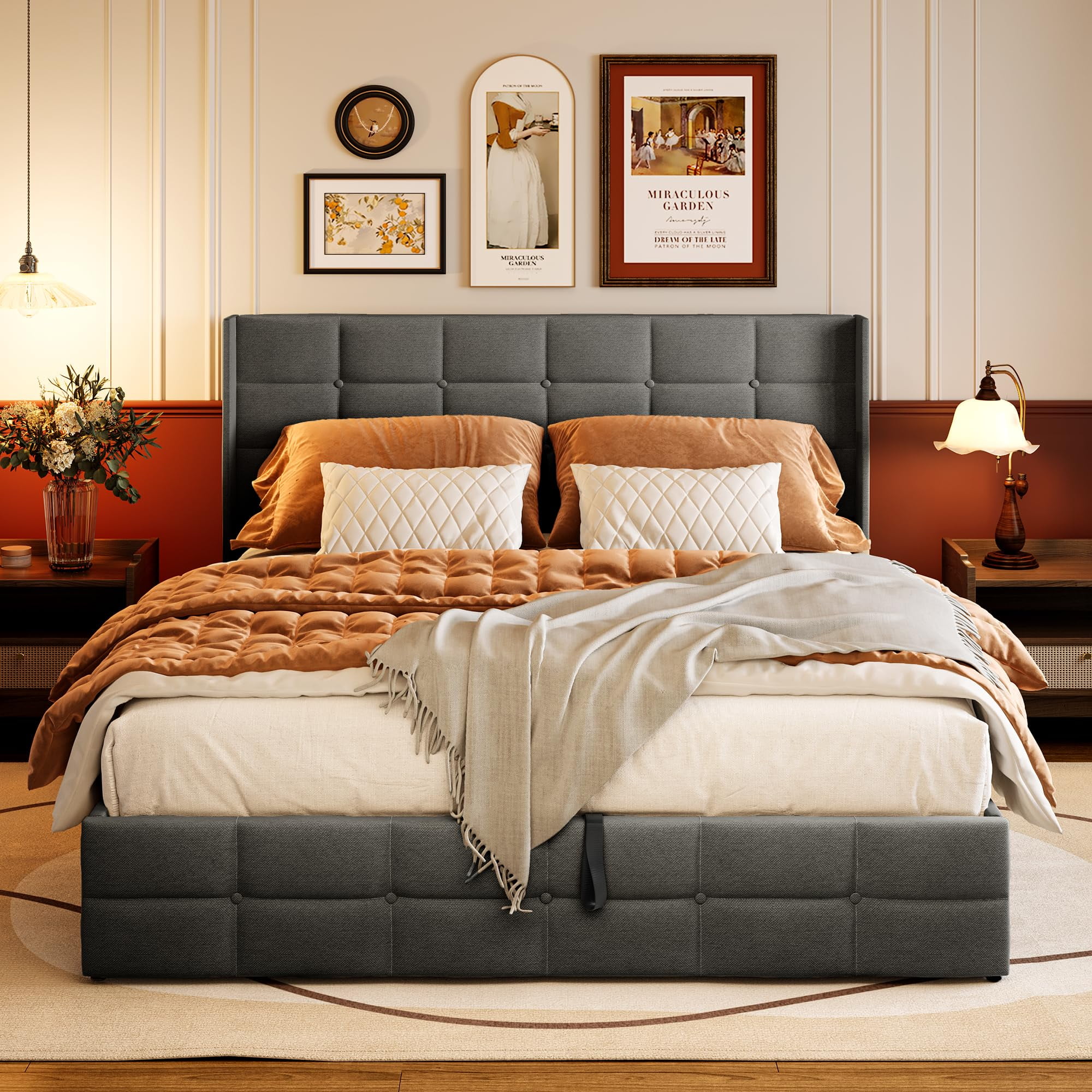 Lofka Queen Size Bed Frame with Lift-up Platform Storage and Wingback Headboard, Metal Bed Frame and Wooden Slats, Dark Gray