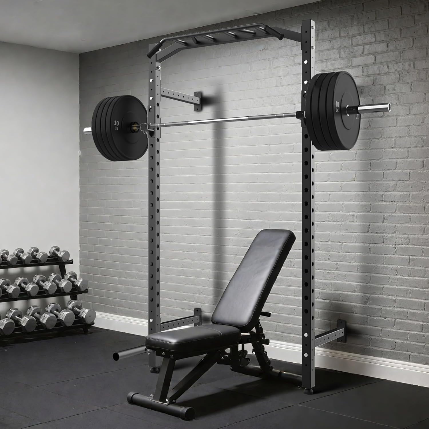 Commercial Wall Mounted Squat Rack, Heavy Duty Carbon Steel Home Gym Equipment with Multi-Grip Pull Up Bar, j-Cups & Landmine Attachment for Home and Garage Gym, Black/Red