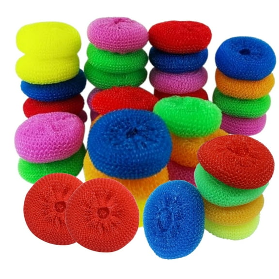 30 Pack Dish Scrub Brush, Nylon Scouring Pads, Round Plastic Scrubbers, Mesh Scourers for Kitchen,Assorted Colors