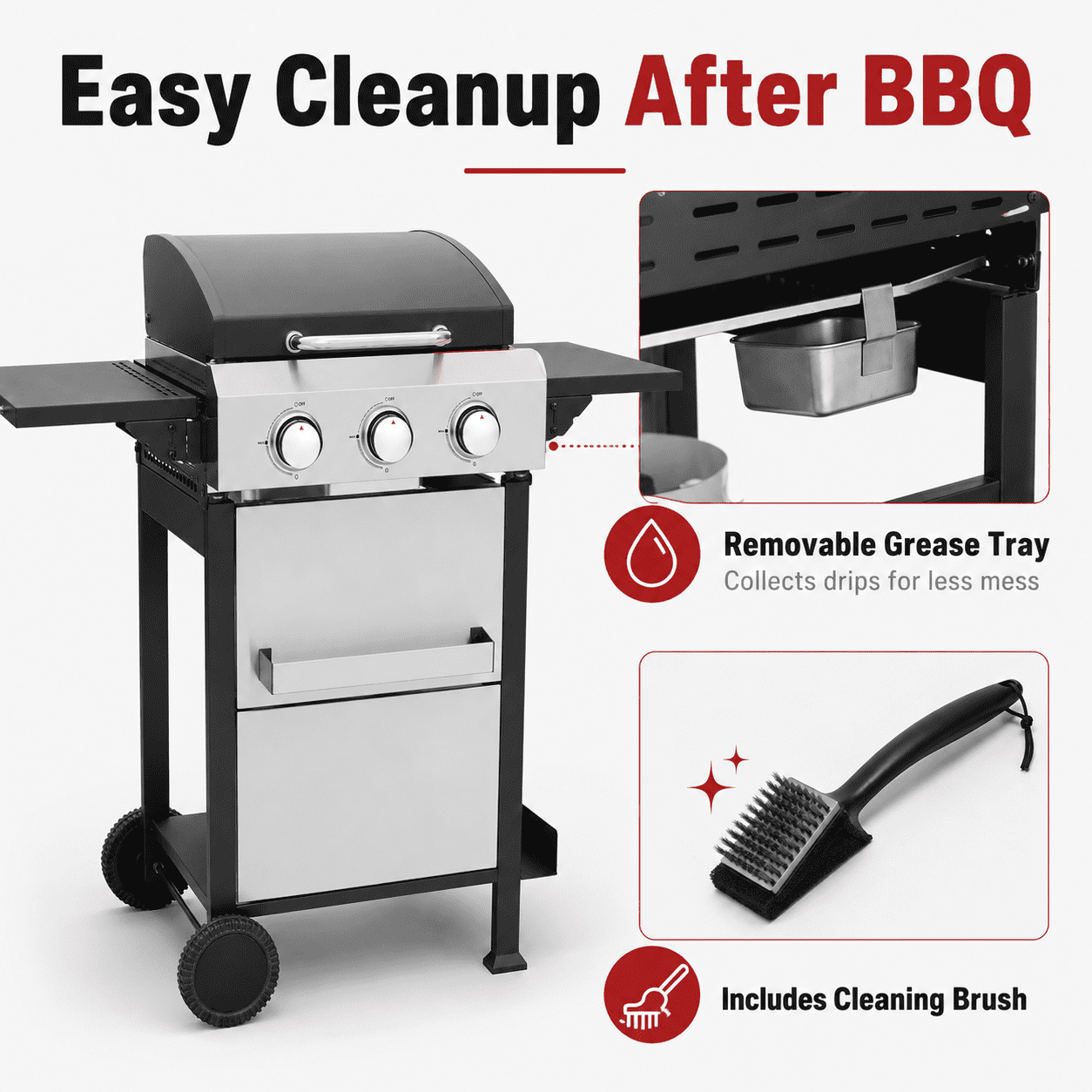 Enyopro 3 Burner Propane Gas Grill, Stainless Steel 36900BTU Barbecue Grill with Two Foldable Shelves, Cleaning Brush, 2 Wheels for Outdoor Cooking, for Patio Backyard and Camping