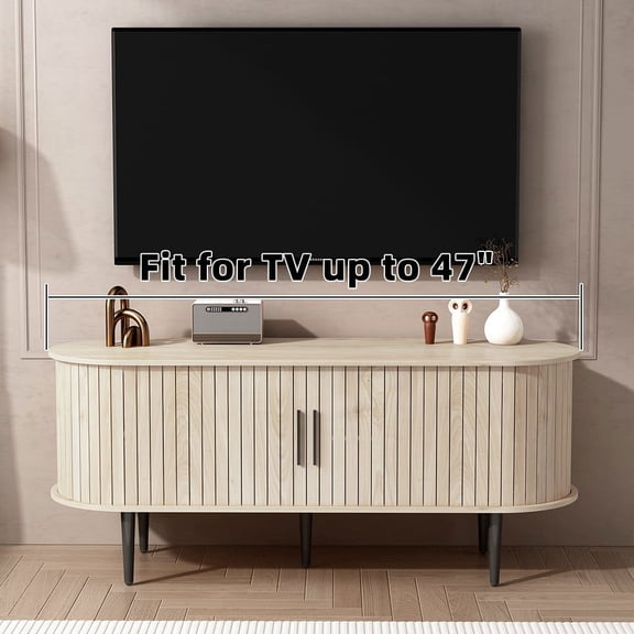 Resenkose 47 Inch Modern TV Console Table with Sliding Door and Storage Compartment, Freestanding Gaming Entertainment Center for Living Room, Bedroom, Office, Natural Wood