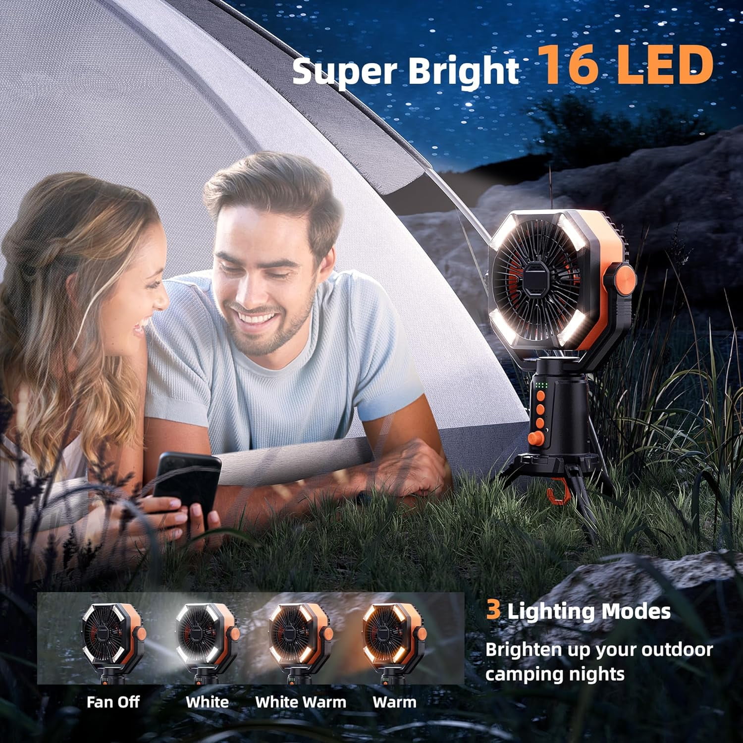 Table Fans Tripod, 20000mAh Rechargeable Battery Operated Portable Tent Fan with LED Lantern, Remote Control, Hook, 270° Pivot, Stepless Speed-Ideal for Camping, Picnic, Barbecue, Jobsite
