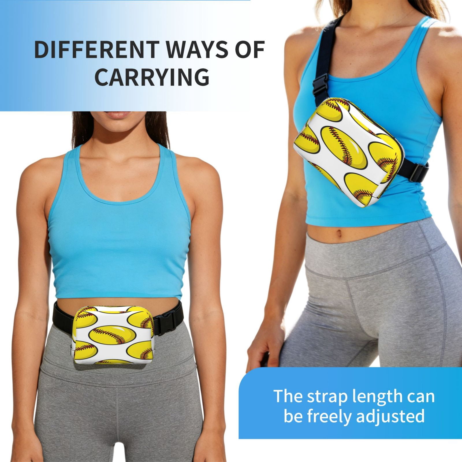 Unisex Square Waist Bag Stylish Backpack For Hiking Running Fitness Workouts Shopping And Travel Yellow Softballs With Red Stitching Clean White Background (4)