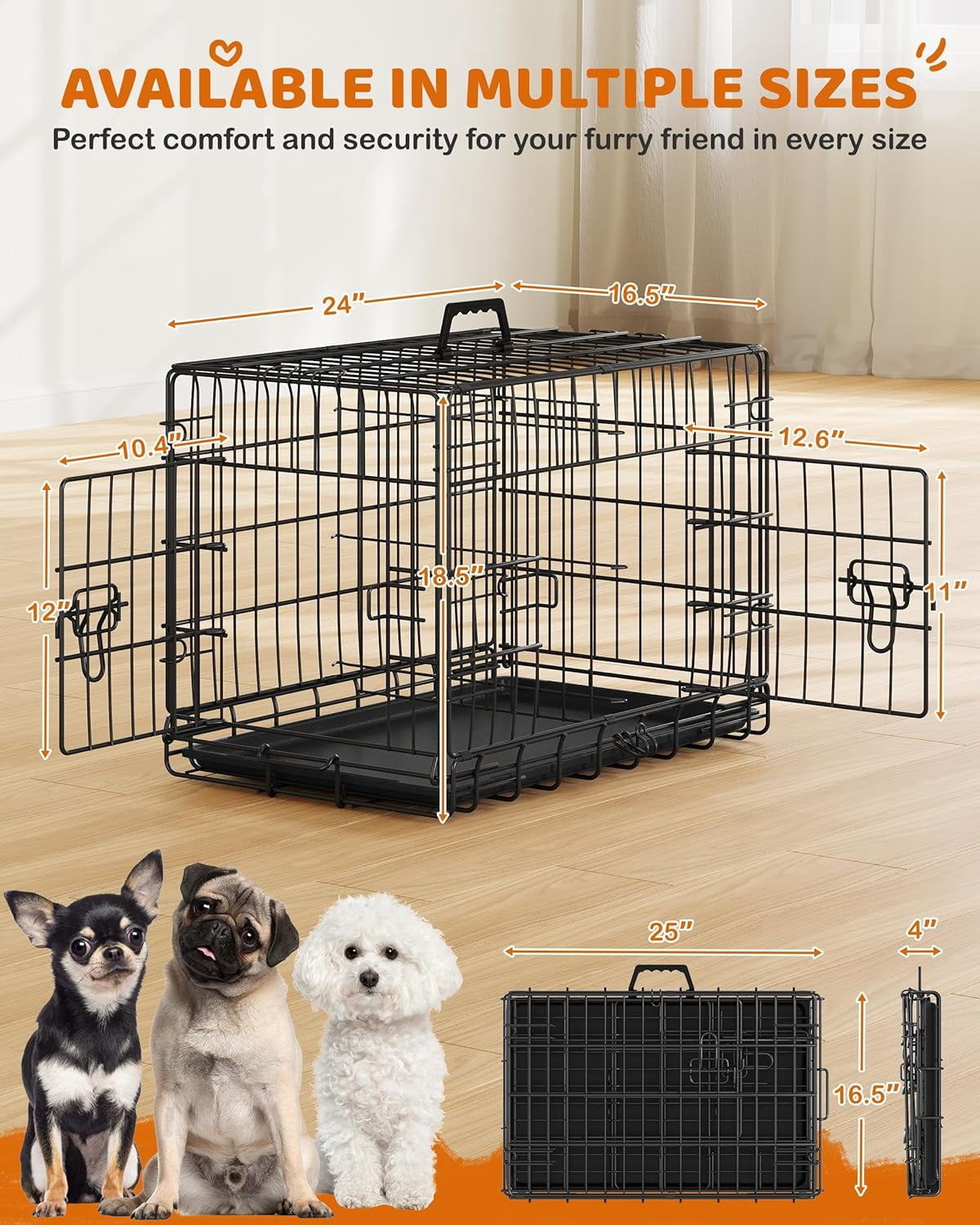LibraMAl 24 inch Dog Crate Double Door w/Divider for Puppy Collapsible Metal Crate with Removable Tray Wire Kennel Pet Crate for Small Dogs Portable Travel Cage, Black