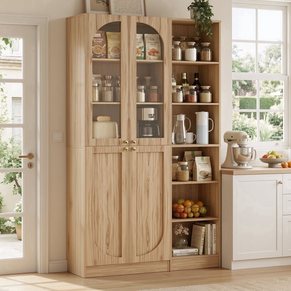 Homieasy 80'' Tall Farmhouse Pantry Cabinet with Arched Doors and Adjustable Shelves, Set of 2, Nature