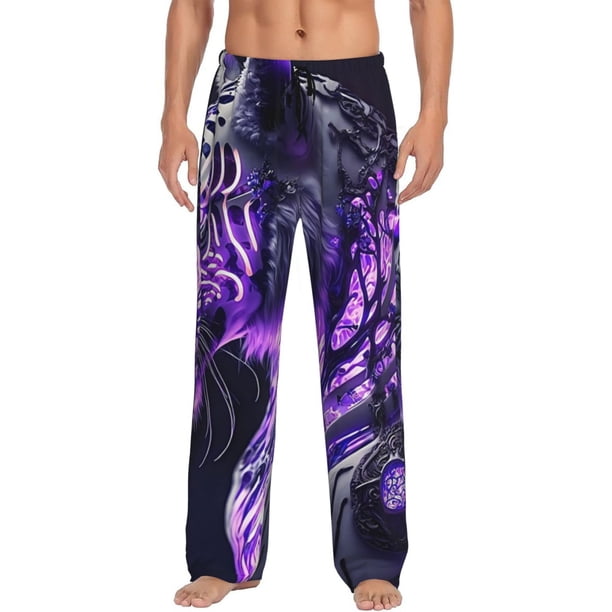 Fotbe Purple Pattern White Tiger Pantalones de Pijama para Hombre, Pantalones de Dormir, Pantalones de Casa con Cintura Ajustable y Bolsillos-Medium
