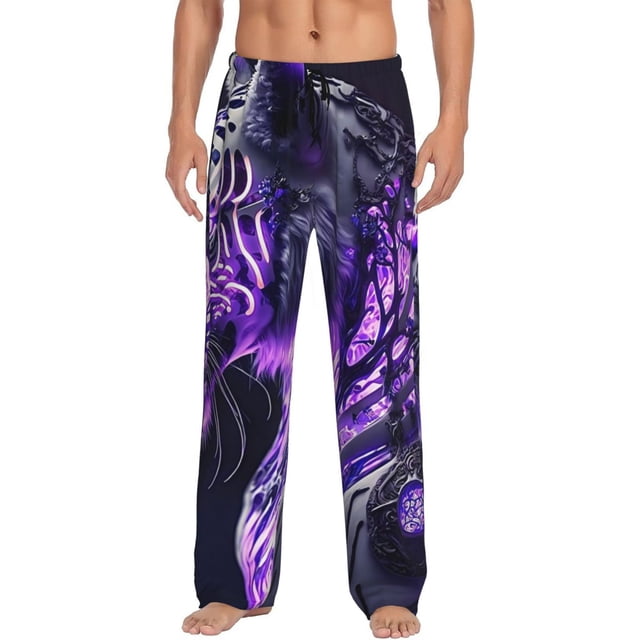 Kdxio Purple Pattern White Tiger Pattern Men's Pajama Pants, Elastic Waist with Drawstring and Pockets, Comfortable Loungewear-Large