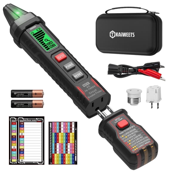 KAIWEETS Circuit Breaker Finder with LCD Display, GFCI Outlet Tester, AC 90-130V Electrical Circuit Tracer Tool with NCV Test & Flashlight, Includes Carrying Case with Adapter, Alligator Clips