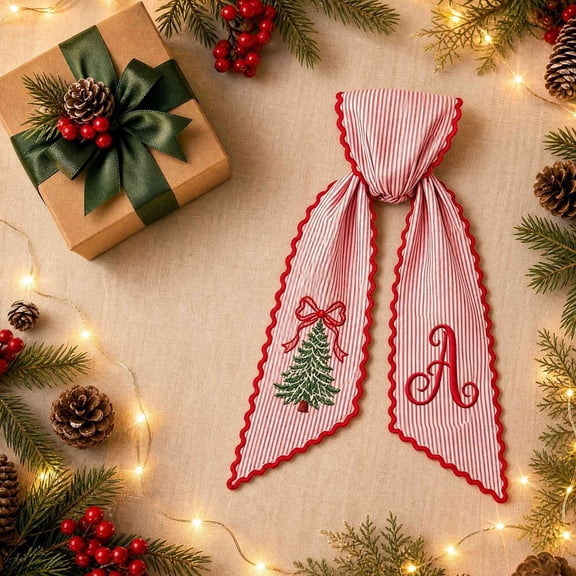 Byndra Striped Fabric Decorative Sash, Embroidered Christmas Tree Personalized Monogram, Holiday Wreath Bow for Front Door Gift Home Festive Decoration