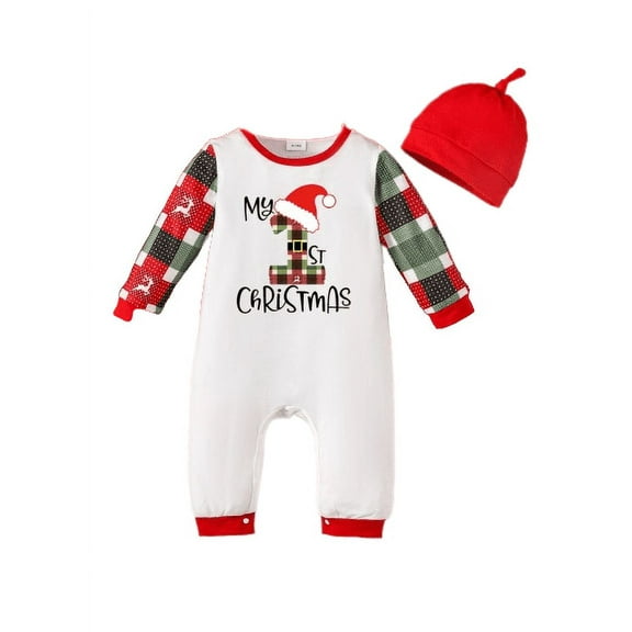 Mikrdoo 1st Christmas Gift For Newborn Baby Boys Letter Graphics Splice Plaid Long Sleeve Winter Bodysuit With Hat 2Pcs Romper Set 3-6 Months White
