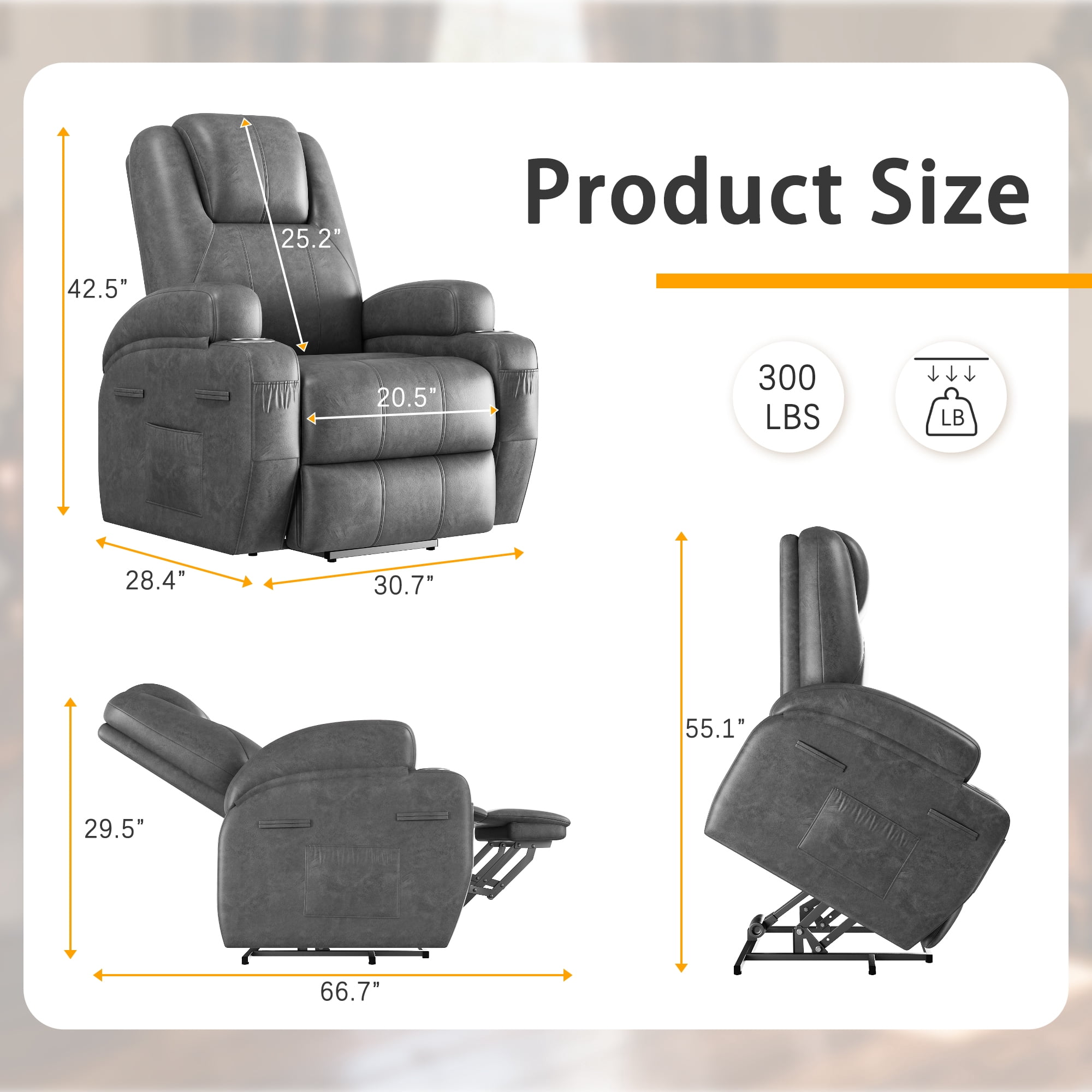 Furmax Electric Power Lift Leathaire Recliner Chair with Massage for Bedroom,Gray