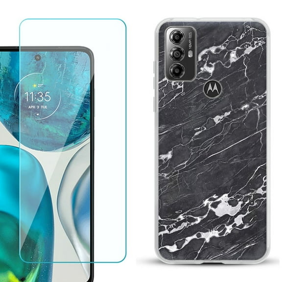 OneToughShield ® for Motorola Moto G Play 2023 Shockproof Fashion Phone Case, with Tempered Glass Screen Protector - Marble B/W