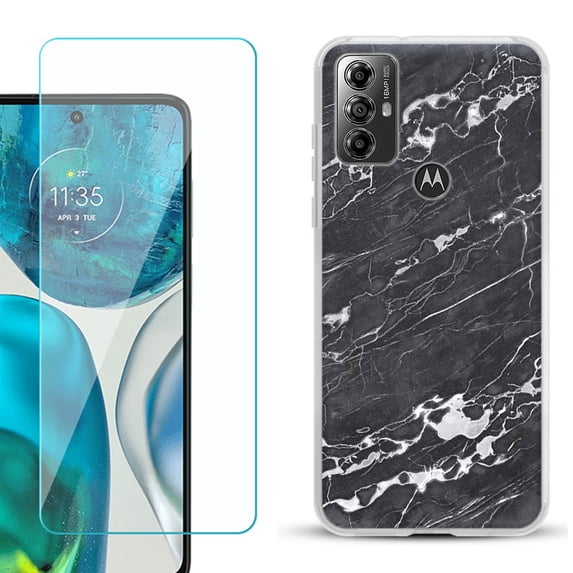 OneToughShield ® for Motorola Moto G Play 2023 Shockproof Fashion Phone Case, with Tempered Glass Screen Protector - Marble B/W