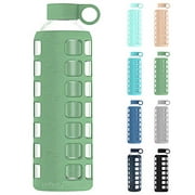 purifyou Premium 32 / 22 / 12 oz Glass Water Bottle with Non-Slip Silicone Sleeve & Stainless Steel Lid Insert, (Shale Green, 32 oz)