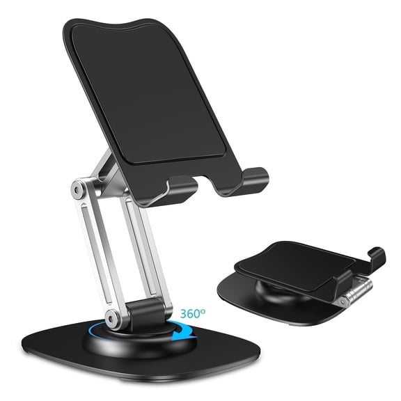 CreaDream 360° Rotatable Desktop Tablet Stand, Sturdy Dual Foldable Adjustable Metal Base Phone Holder, Office Gaming Desk Accessories for iPhone 17 16 15 Pro Max, Galaxy S26 S25, All iPad Tablets