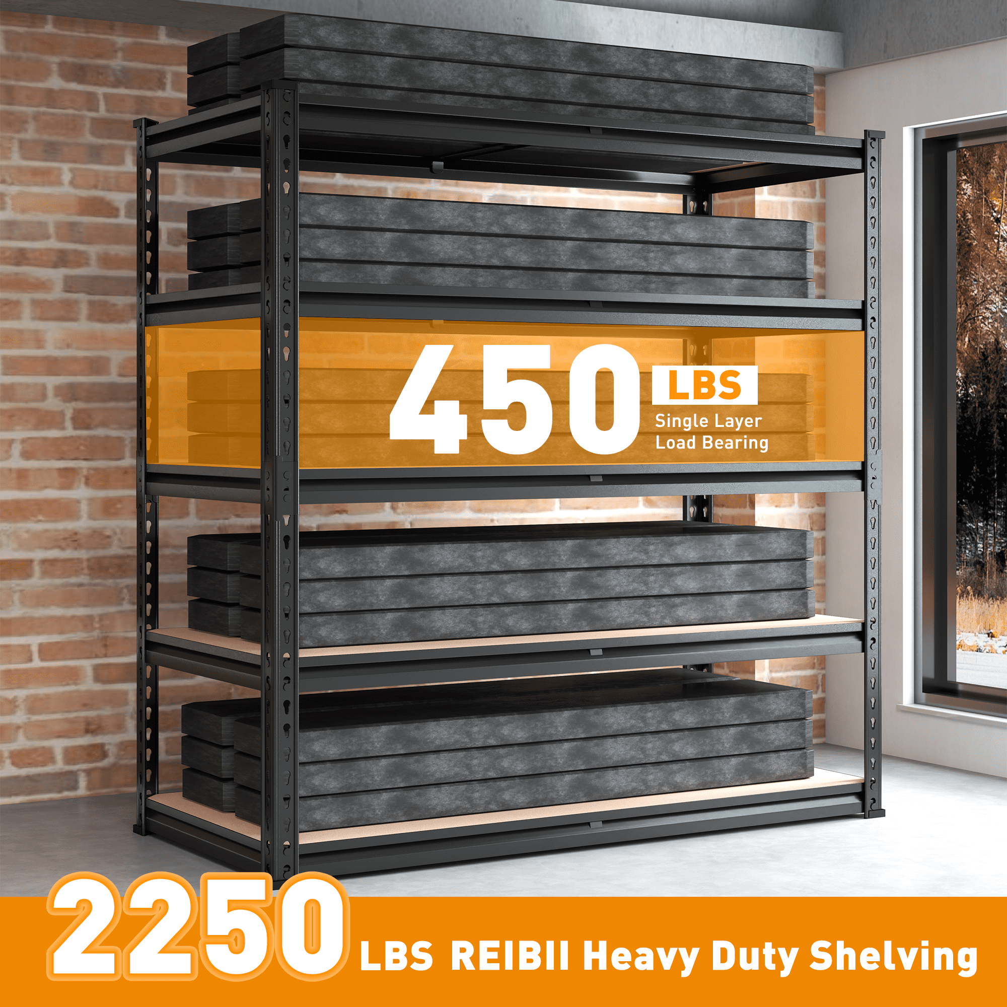 REIBII 2250LBS Garage Storage Shelves Heavy Duty Shelving Units 5-Tier Adjustable Metal Shelf