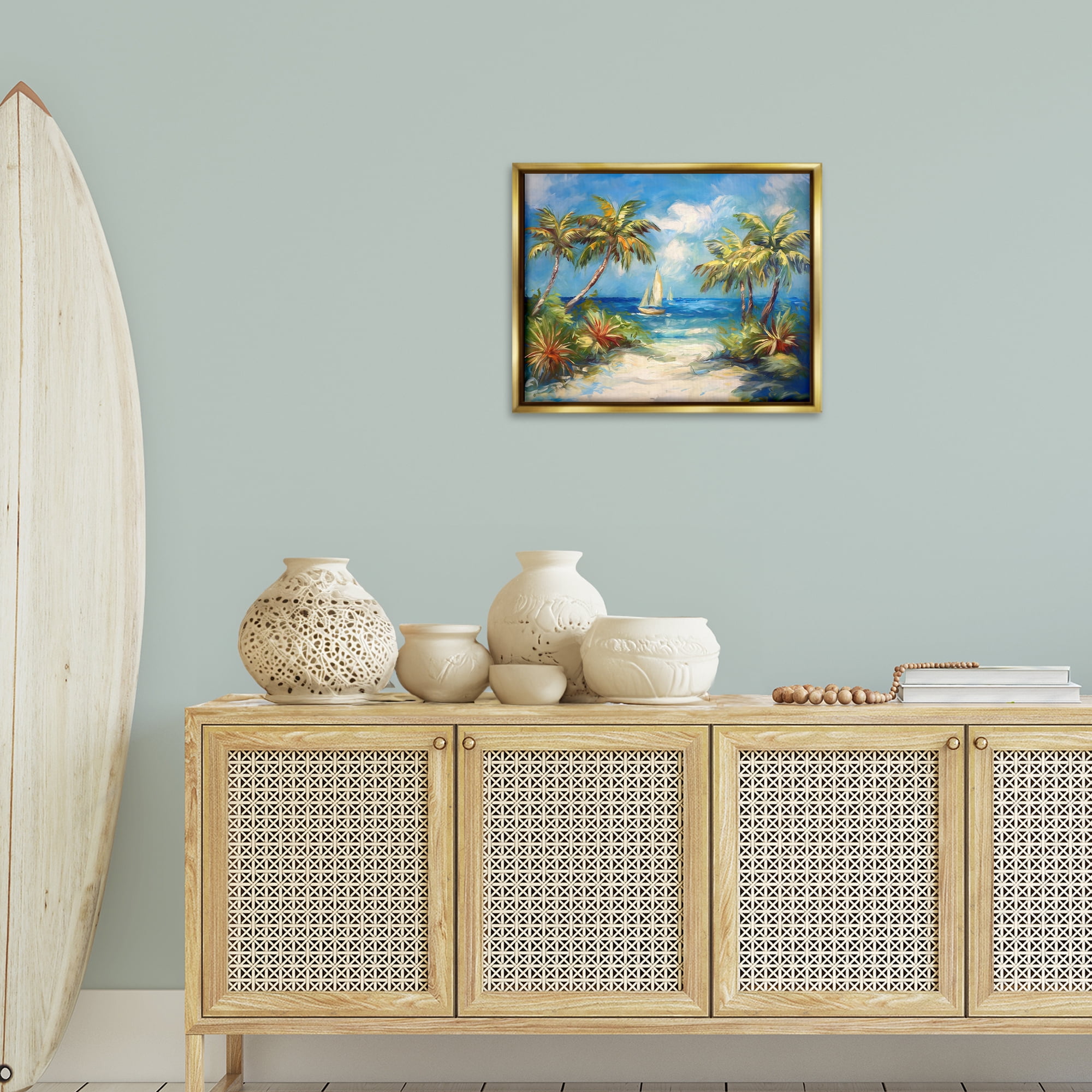 Stupell Industries Tropical Paradise Harbor Coastal Painting Gold Floater Framed Canvas Art Print Wall Art, 21 x 17