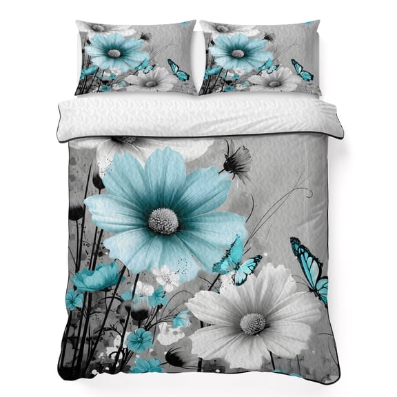 Quilts Full Size Bedding Set, Vintage Teal Grey Floral Lightweight Quilted Comforter, Farmhouse Elegant Flowers Aesthetic Soft Bedspread Coverlet with Pillow Covers for All Season, 78" x 90"