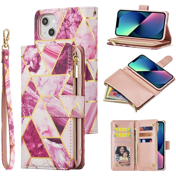 Wallet Case for iPhone 14 Plus 6.7 inch, Premium Vintage PU Leather Magnetic Closure Handbag Zipper Pocket Case Kickstand Card Slots with Wrist Strap Shockproof Flip Case - Marble Purple