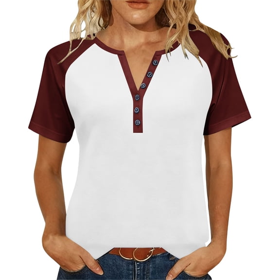 XUNKUSGA Womens Tops Trendy V Neck Short Sleeve Buttons Going Out Tops Casual Raglan Sleeve T-Shirts for Women Fashion Color Block Women's Blouses S-5XL,Red