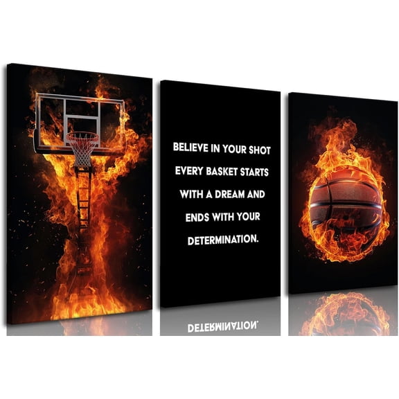 3Pcs Basketball Canvas Wall Art Inspirational Sport Theme Painting Picture Wall Decor flame Basketball Motivational Quotes Poster Print Artwork for Gym Teen Boys Room Decortion 12x16in Und