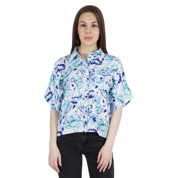 Moomaya WoMen's Printed Top Collar Neck Button-Down Shirt Short Sleeve Tunic