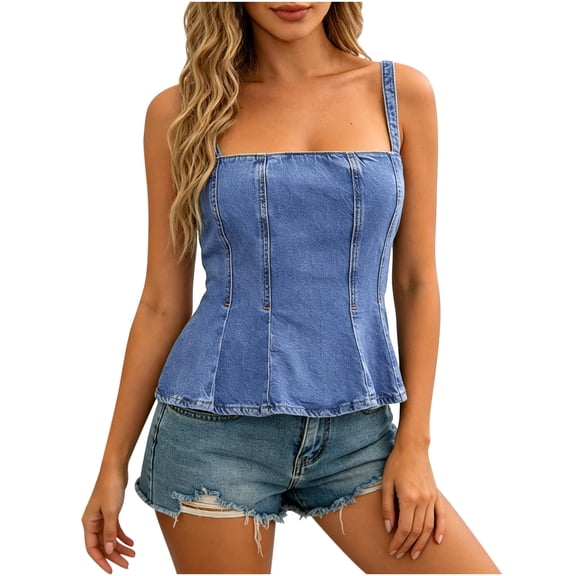 Wenini Women's Crop Tops Denim Corset Top Square Neck Spaghetti Strap Sleeveless Slim Vintage Summer Fashion Street Tops, Light Blue M