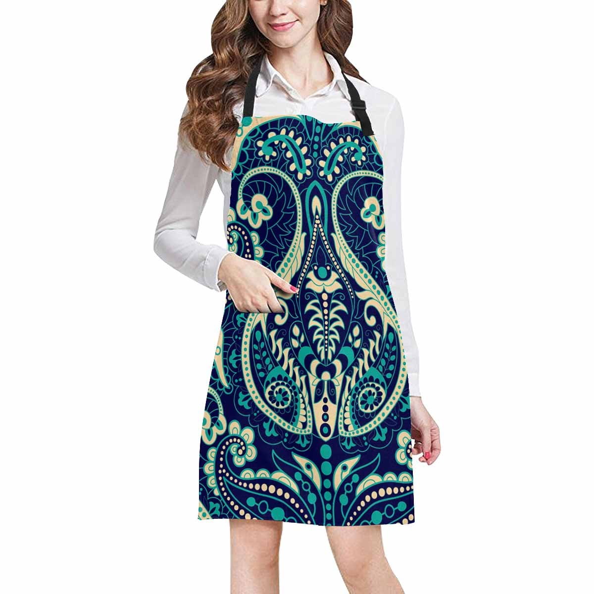 ASHLEIGH Blue Ornamental Floral in Paisley Style Unisex Adjustable Bib Apron with Pockets for Women Men Girls Chef for Cooking Baking Gardening Crafting