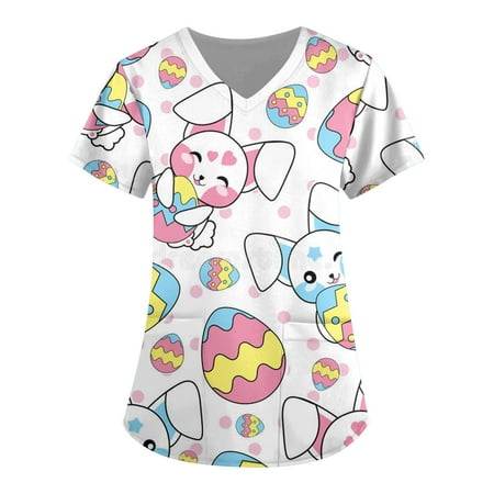 

TKing Fashion Women Plus Size Scrubs Top V-Neck Short Sleeve Gradient Print Pockets Work Blouse for Women White 5XL
