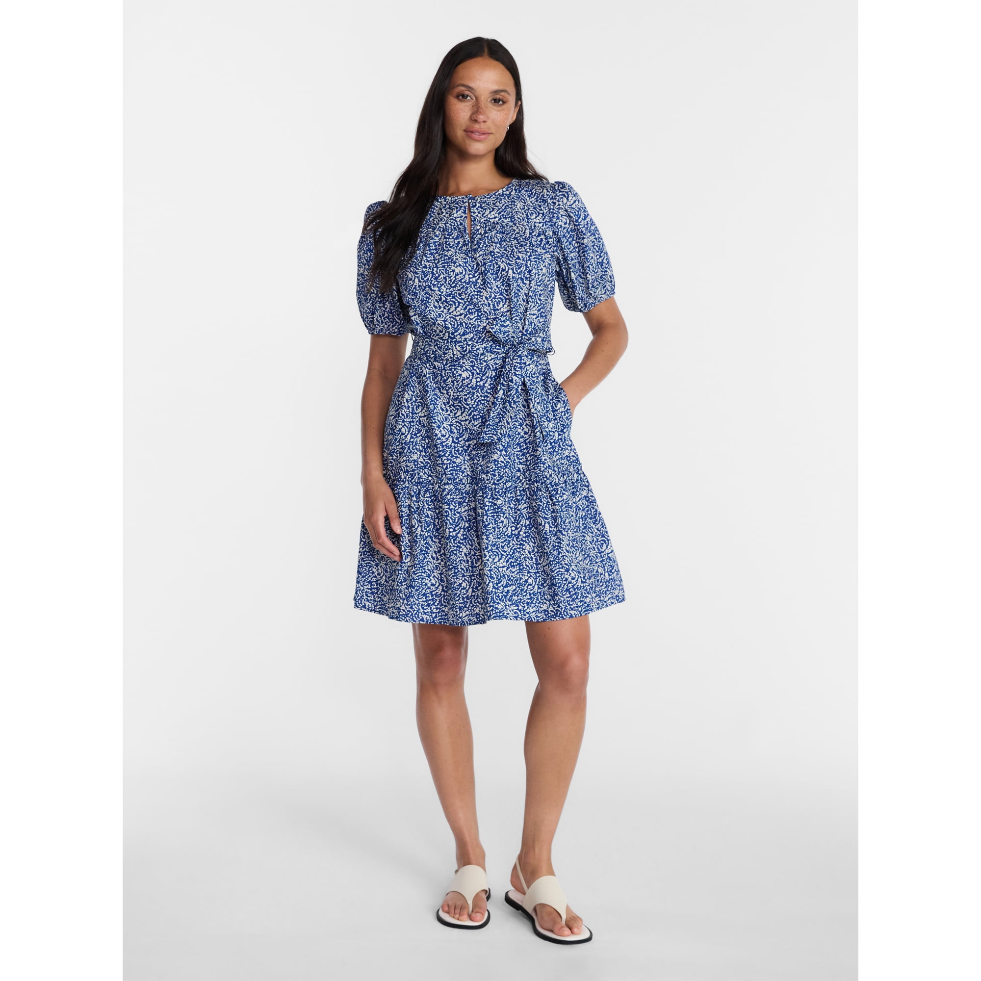 Time and Tru Women's Cotton Mini Dress with Puff Sleeves, Sizes XS-4X