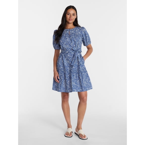Time and Tru Women's and Women's Plus Cotton Mini Dress with Puff Sleeves, Sizes XS-4X